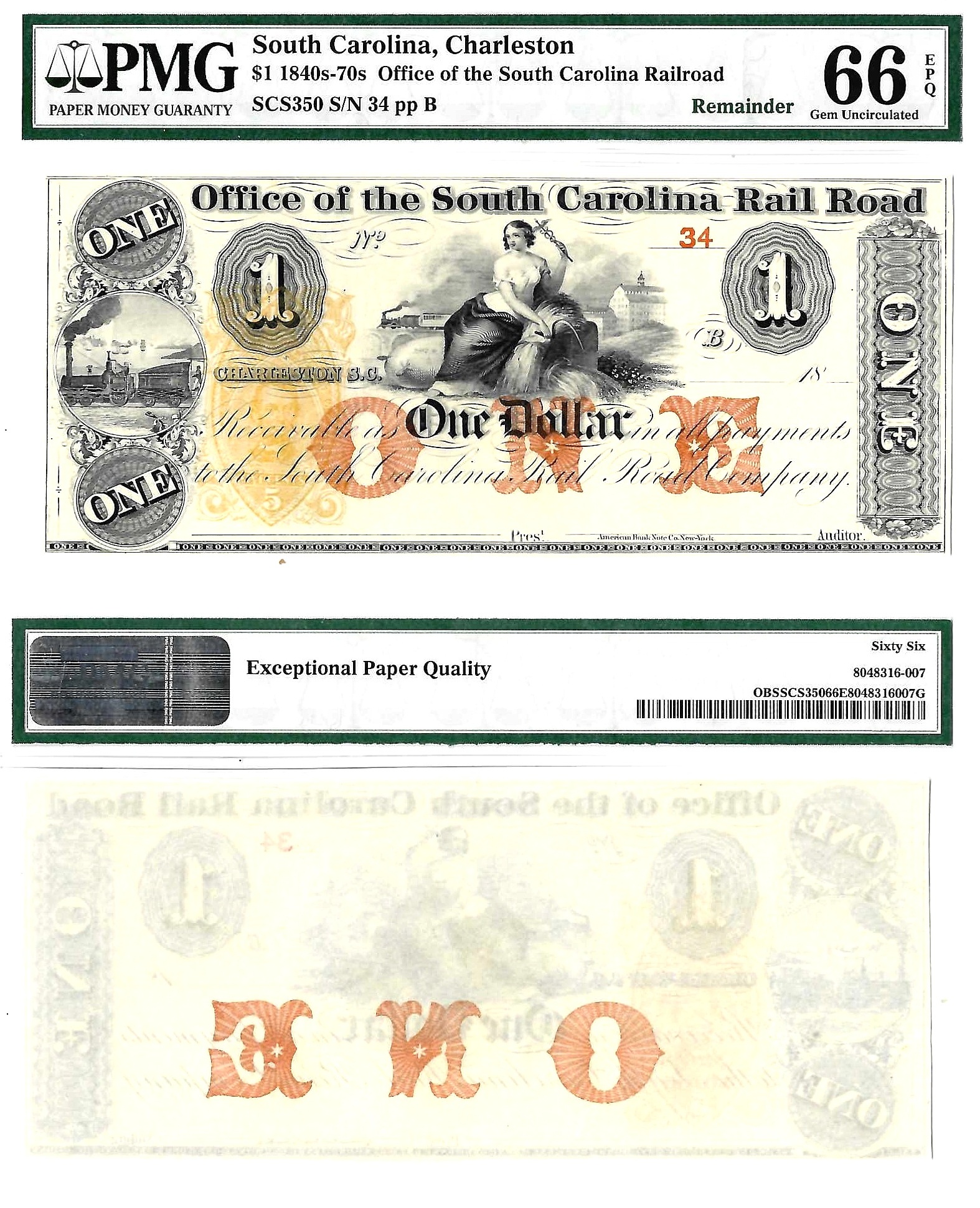 1840s-70s $1 Office Of The South Carolina Railroad, Charleston PMG Gem UNC 66 EPQ