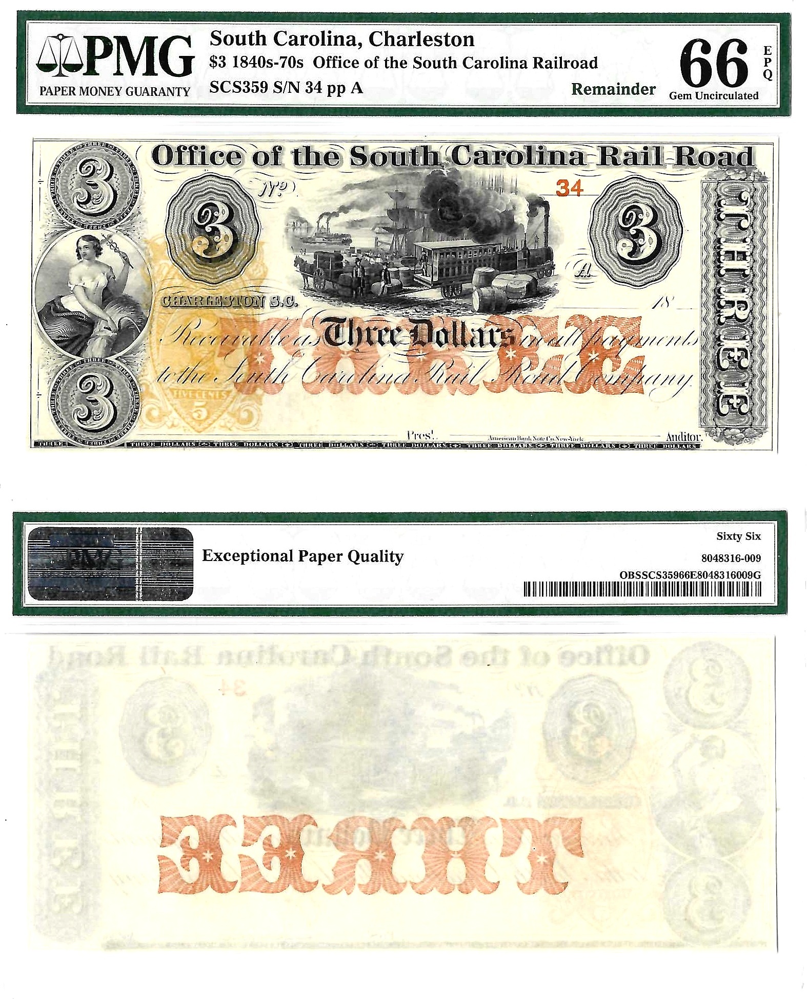 1840s-70s $3 Office Of The South Carolina Railroad Charleston PMG Gem UNC 66 EPQ