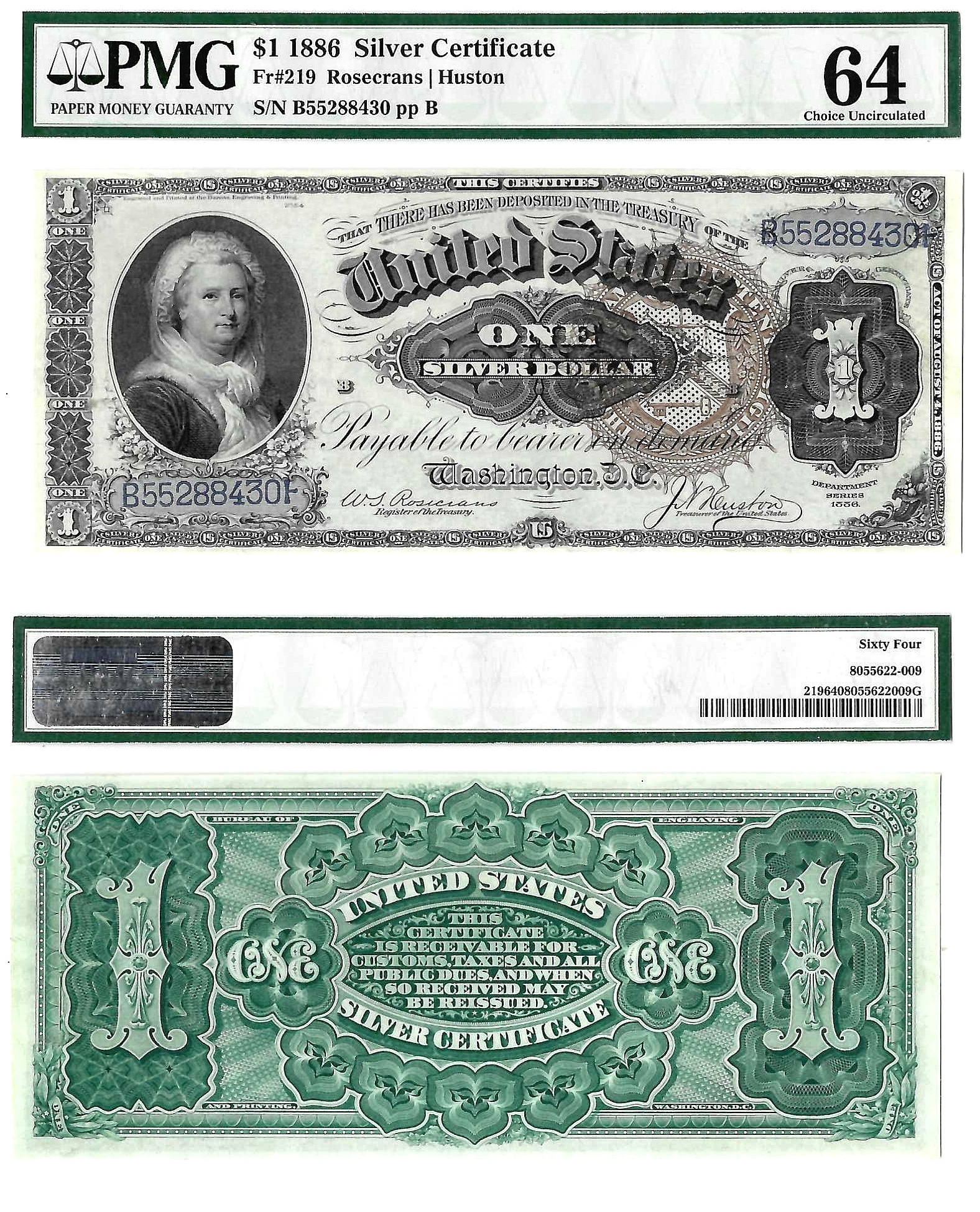 1886 $1 Silver Certificate Fr. 219 PMG Choice UNC 64
