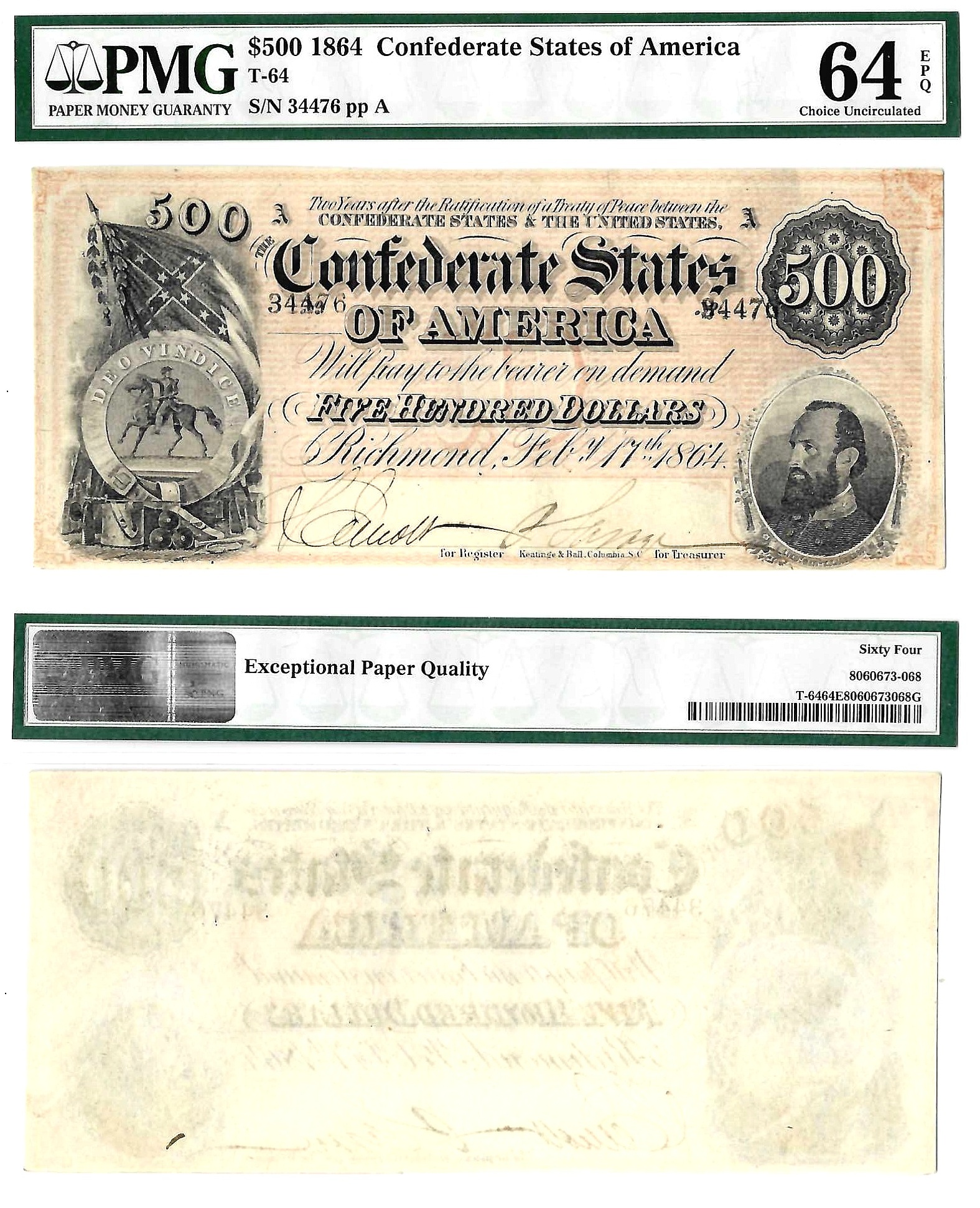 1864 $500 Confederate States Note T-64 PMG Choice UNC 64 EPQ