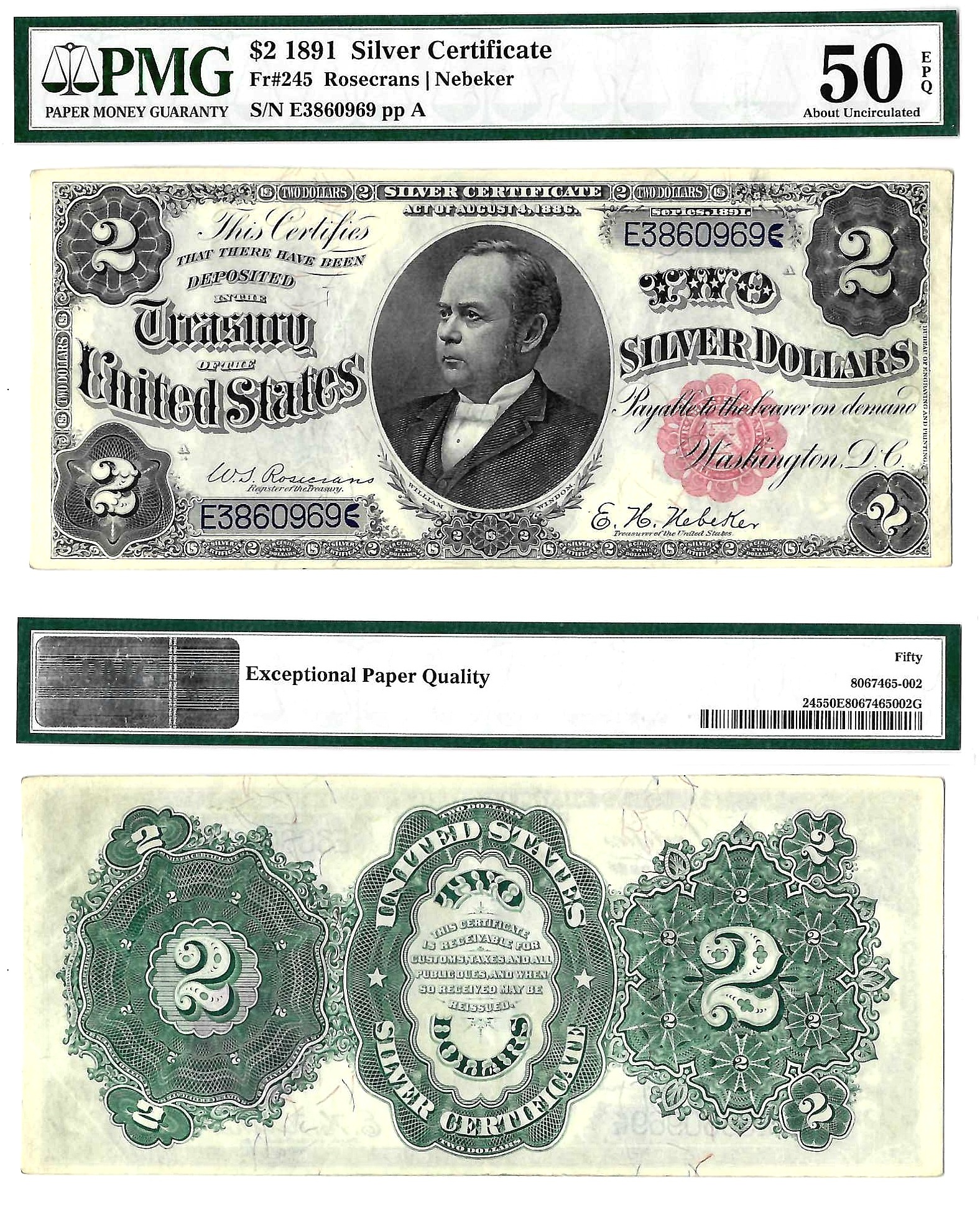 1891 $2 Silver Certificate Fr. 245 PMG AU 50 EPQ