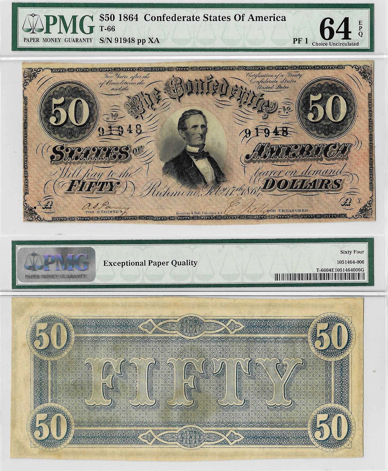1864 $50 Confederate States Note T-66 PMG Choice UNC 64 EPQ
