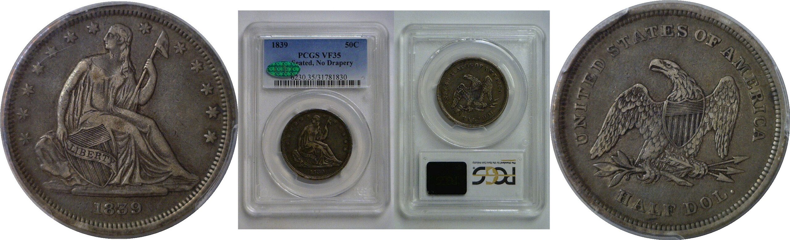 1839 No Drapery  Seated Liberty Half Dollar   PCGS VF-35  CAC