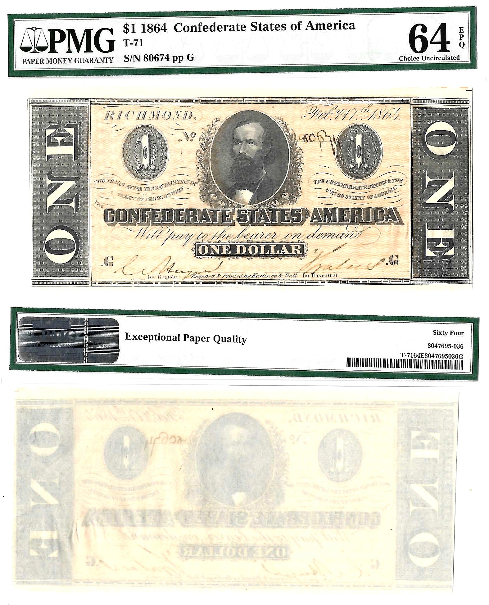 1864 $1 Confederate States Note T-71 PMG Choice UNC 64 EPQ