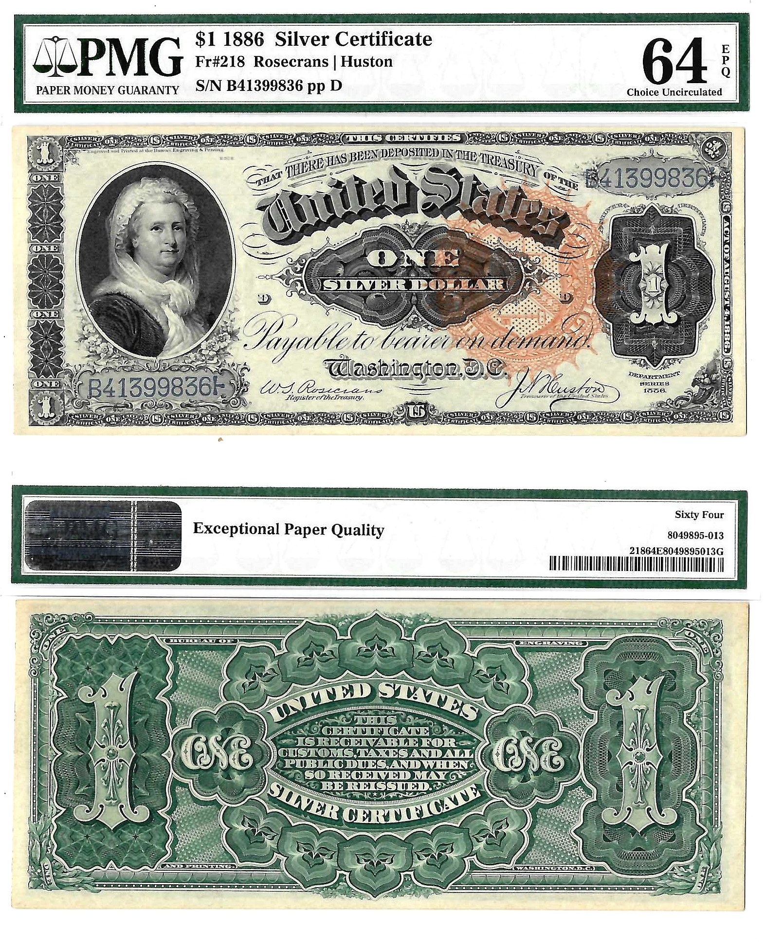 1886 $1 Silver Certificate Fr. 218 PMG Choice UNC 64 EPQ