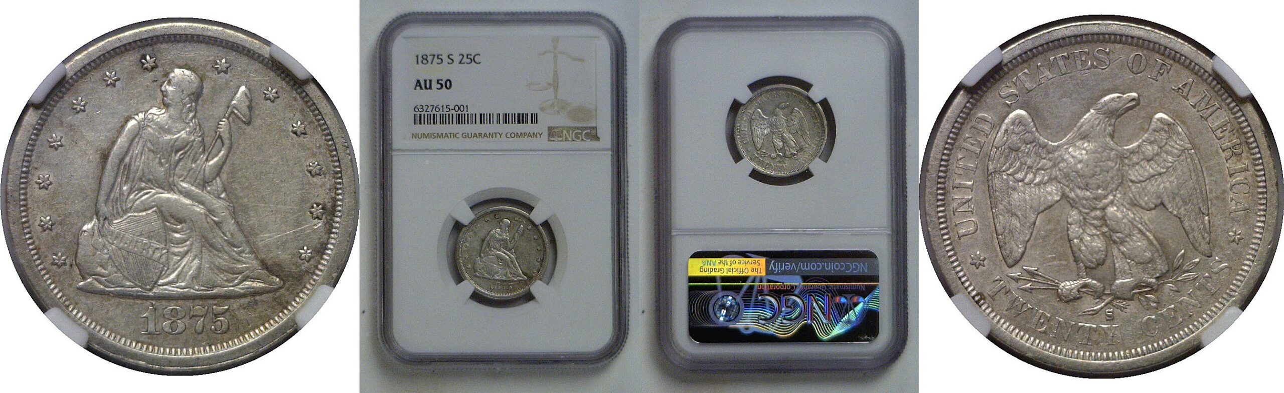 1875-S  Twenty Cent Piece   NGC AU-50