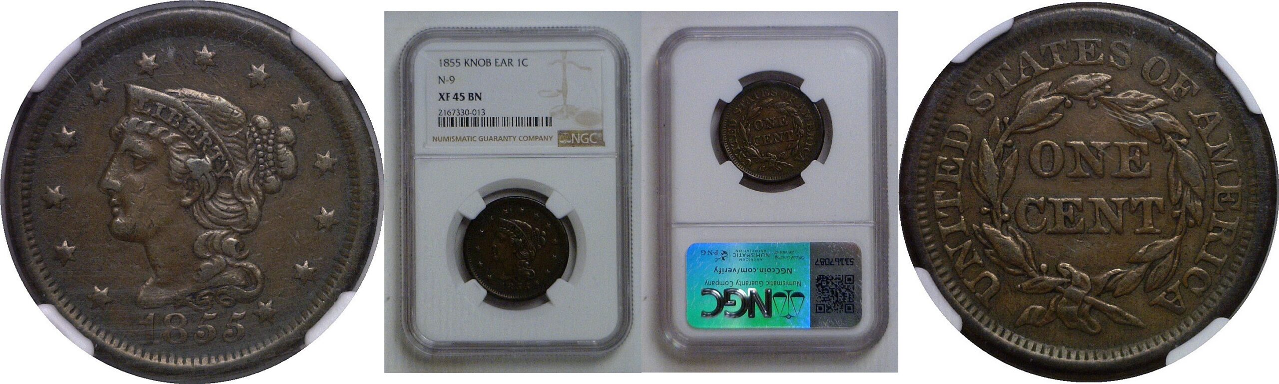 1855 Knob Ear   Large Cent   NGC XF-45