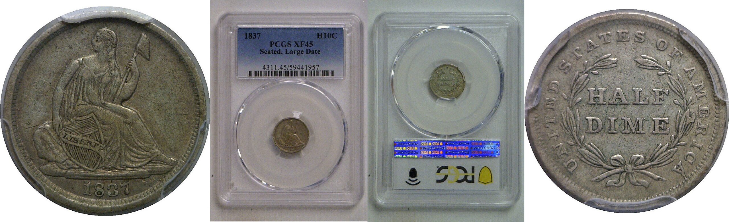 1837 Large Date   Seated Liberty Half Dime   PCGS XF-45