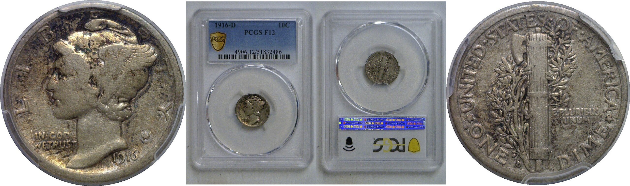 1916-D  Mercury Dime   PCGS F-12