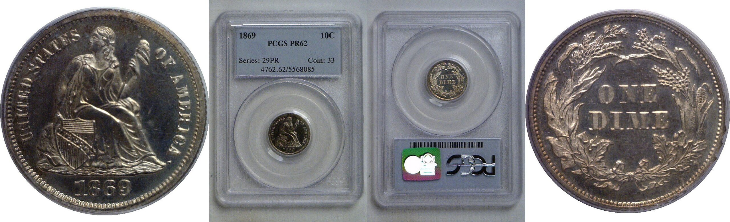 1869  Seated Liberty Dime   PCGS PR-62