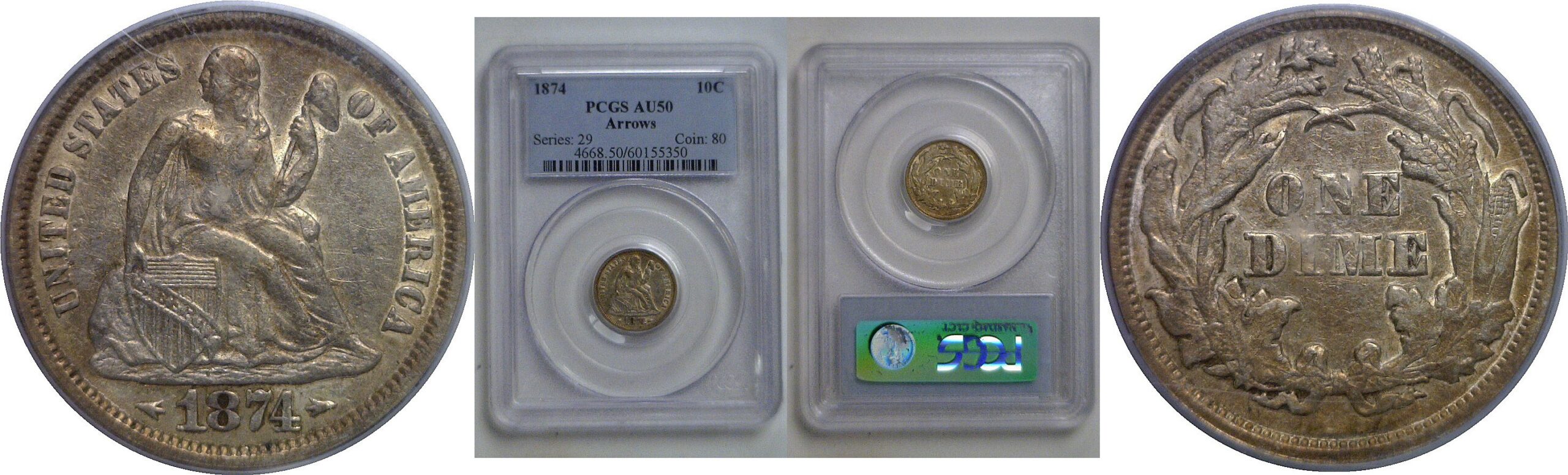 1874 Arrows   Seated Liberty Dime   PCGS AU-50