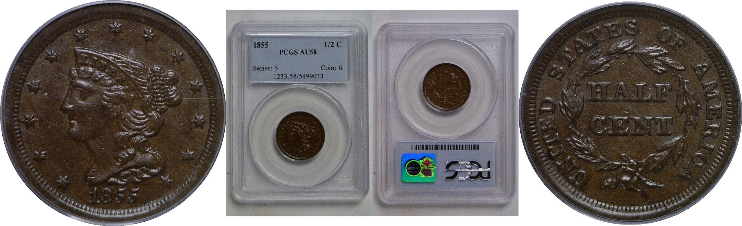 1855  Half Cent   PCGS AU-58